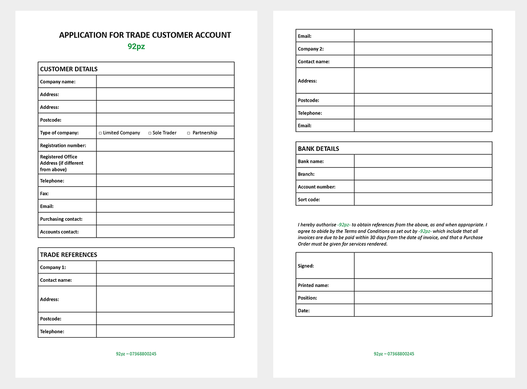 92PZ Trade Customer Account Application Form